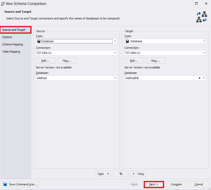 Choosing the source and target for schema comparison